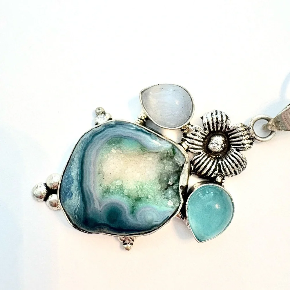 Natural, 2 inch, silver, Willow Leaf Chrysocolla pendant on a silver chain . - Picture 4 of 5